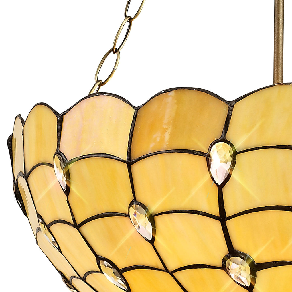 NLK00599 Chrisy 3 Light Up Lighter Pendant With 50cm Tiffany Shade Beige/Clear Crystal/Aged Antique Brass