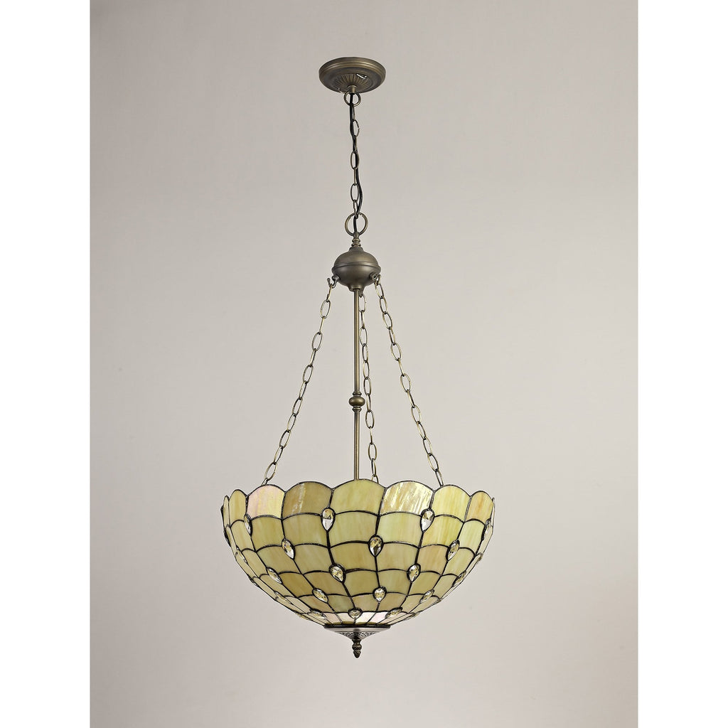 NLK00599 Chrisy 3 Light Up Lighter Pendant With 50cm Tiffany Shade Beige/Clear Crystal/Aged Antique Brass