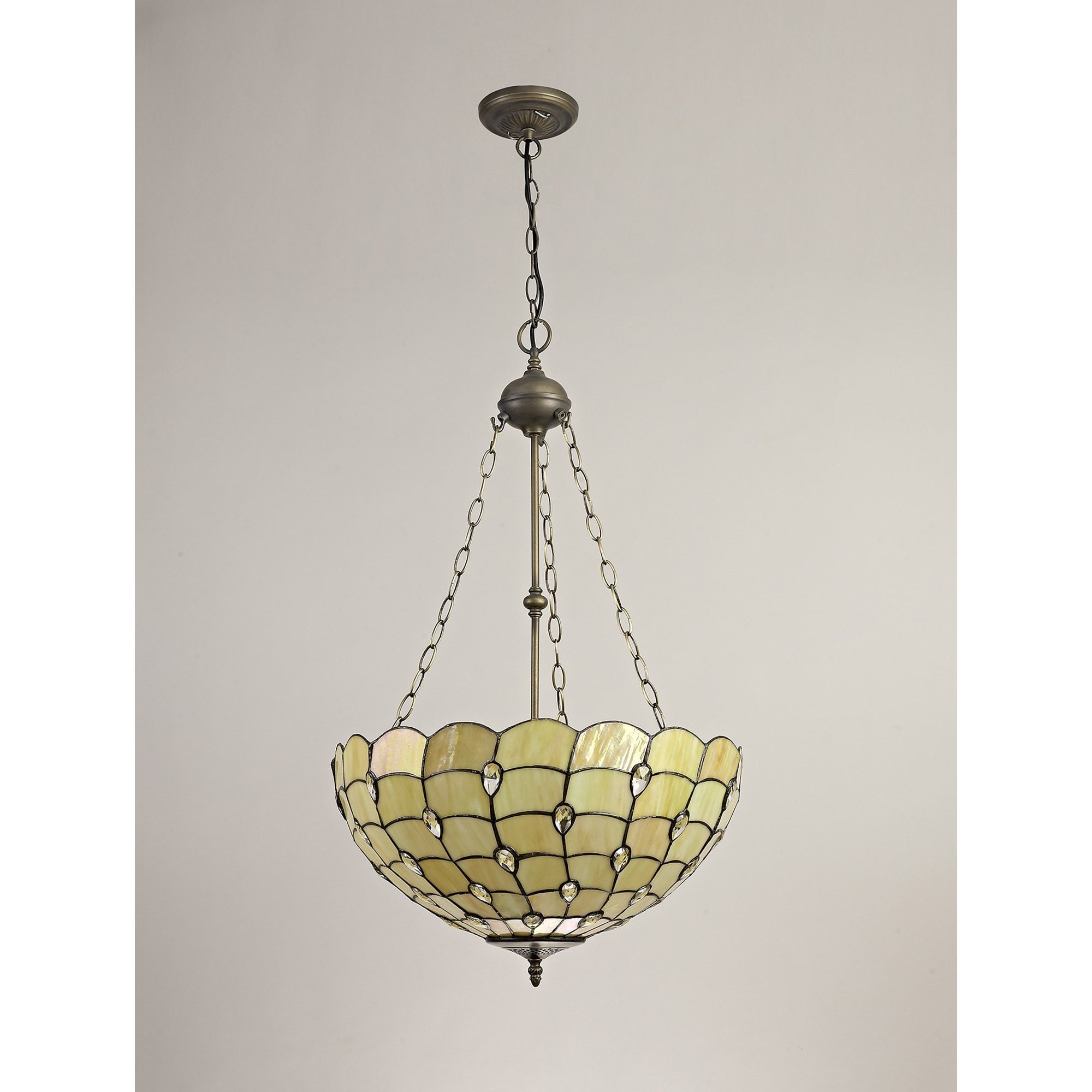 NLK00599 Chrisy 3 Light Up Lighter Pendant With 50cm Tiffany Shade Beige/Clear Crystal/Aged Antique Brass