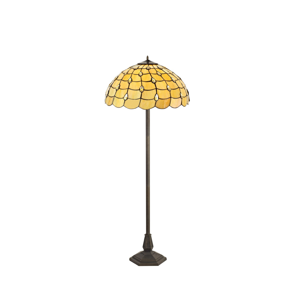 NLK00609 Chrisy 2 Light Octagonal Floor Lamp With 50cm Tiffany Shade Beige/Clear Crystal/Aged Antique Brass