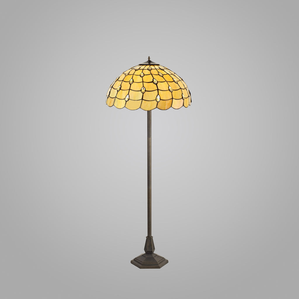 NLK00609 Chrisy 2 Light Octagonal Floor Lamp With 50cm Tiffany Shade Beige/Clear Crystal/Aged Antique Brass