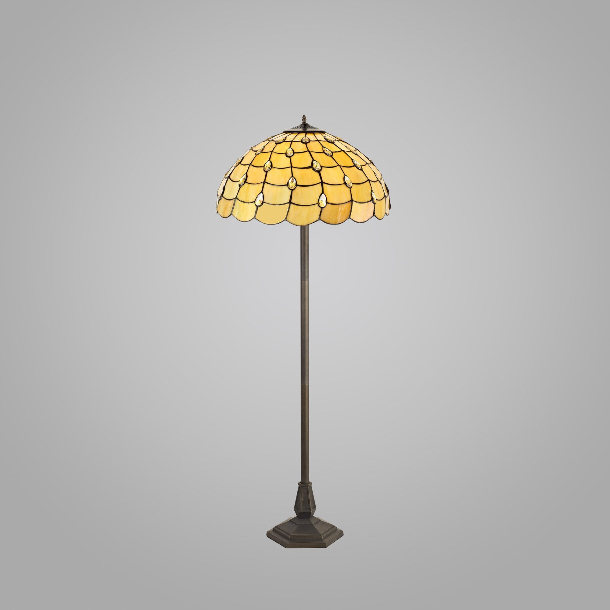 NLK00609 Chrisy 2 Light Octagonal Floor Lamp With 50cm Tiffany Shade Beige/Clear Crystal/Aged Antique Brass