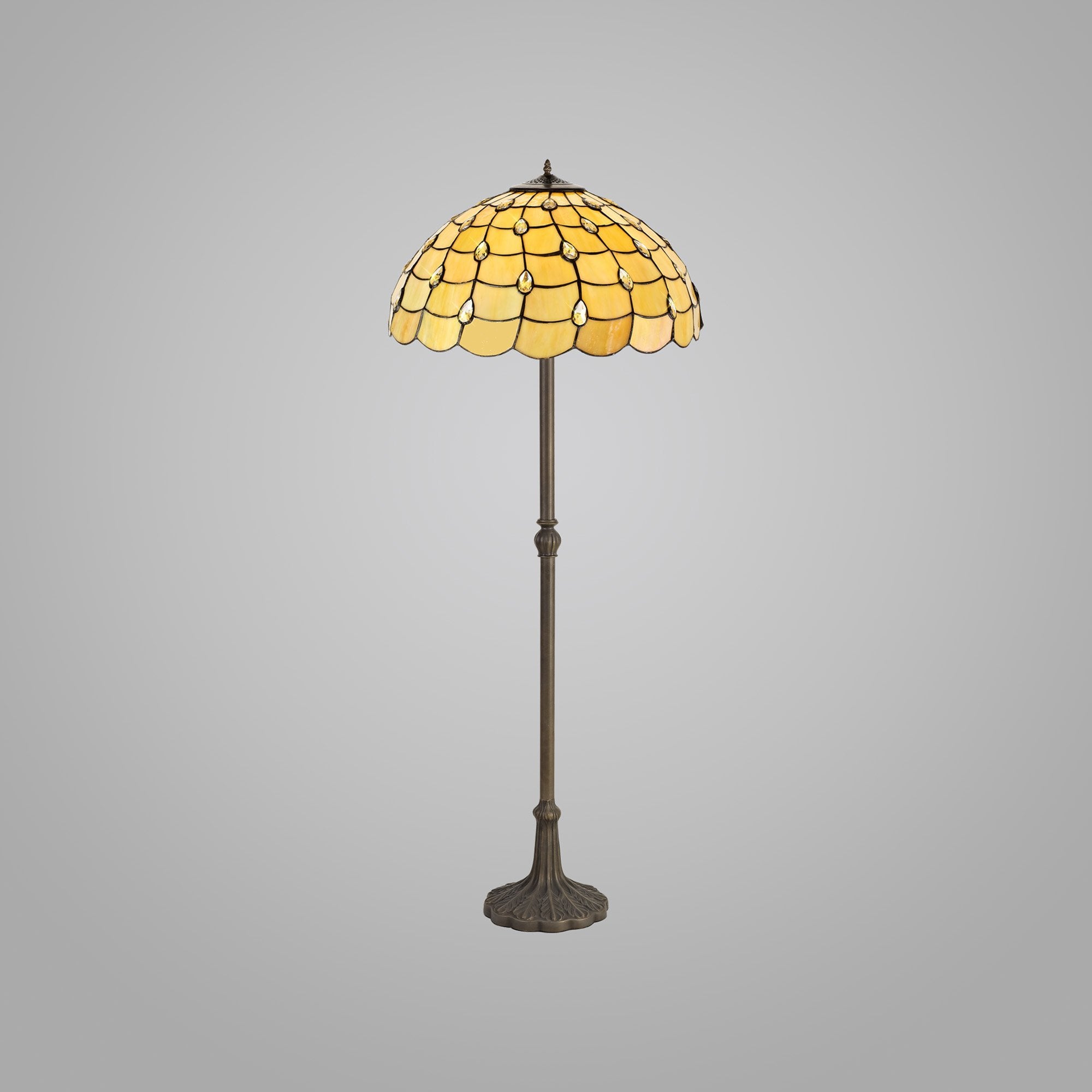 NLK00619 Chrisy 2 Light Leaf Design Floor Lamp With 50cm Tiffany Shade Beige/Clear Crystal/Aged Antique Brass