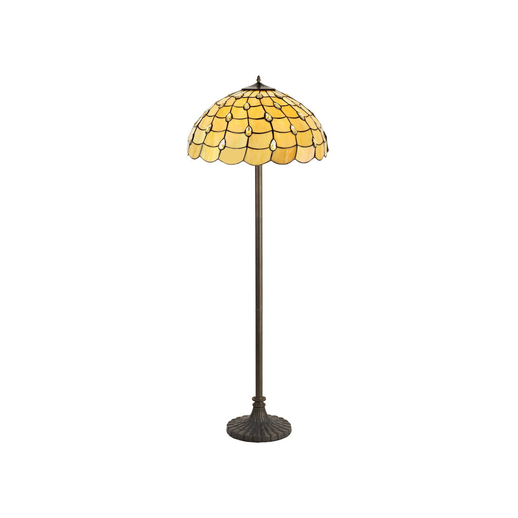 NLK00629 Chrisy 2 Light Stepped Design Floor Lamp With 50cm Tiffany Shade Beige/Clear Crystal/Aged Antique Brass