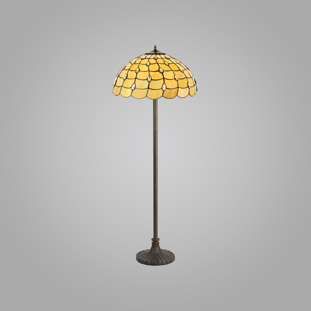NLK00629 Chrisy 2 Light Stepped Design Floor Lamp With 50cm Tiffany Shade Beige/Clear Crystal/Aged Antique Brass