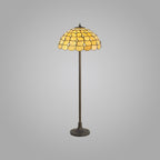 NLK00629 Chrisy 2 Light Stepped Design Floor Lamp With 50cm Tiffany Shade Beige/Clear Crystal/Aged Antique Brass