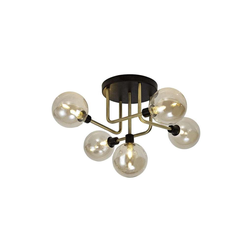 NL77309 Dublin Flush Ceiling 5 Light Matt Black/Antique Brass/Cognac Glass