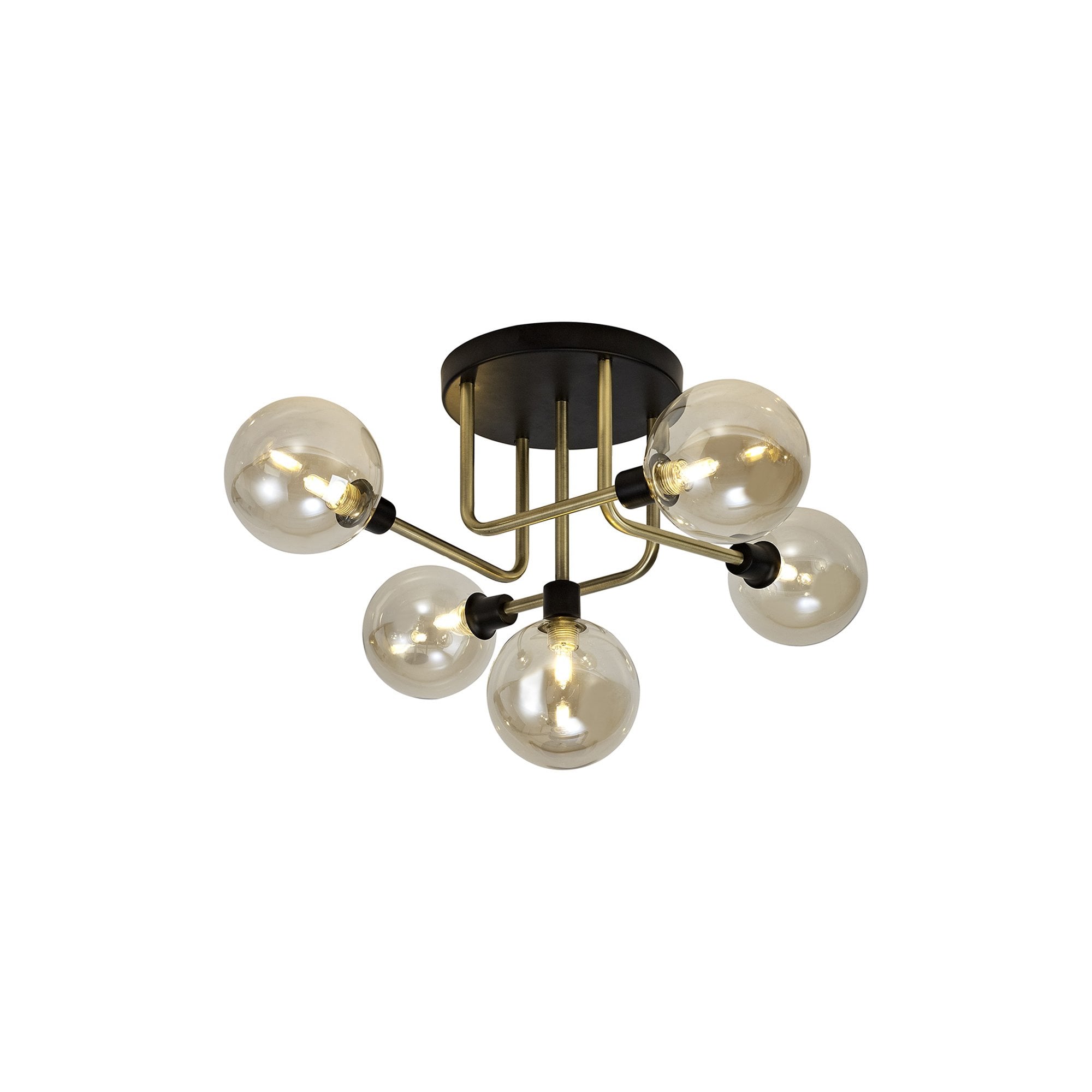 NL77309 Dublin Flush Ceiling 5 Light Matt Black/Antique Brass/Cognac Glass