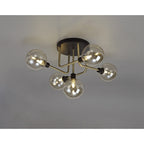 NL77309 Dublin Flush Ceiling 5 Light Matt Black/Antique Brass/Cognac Glass