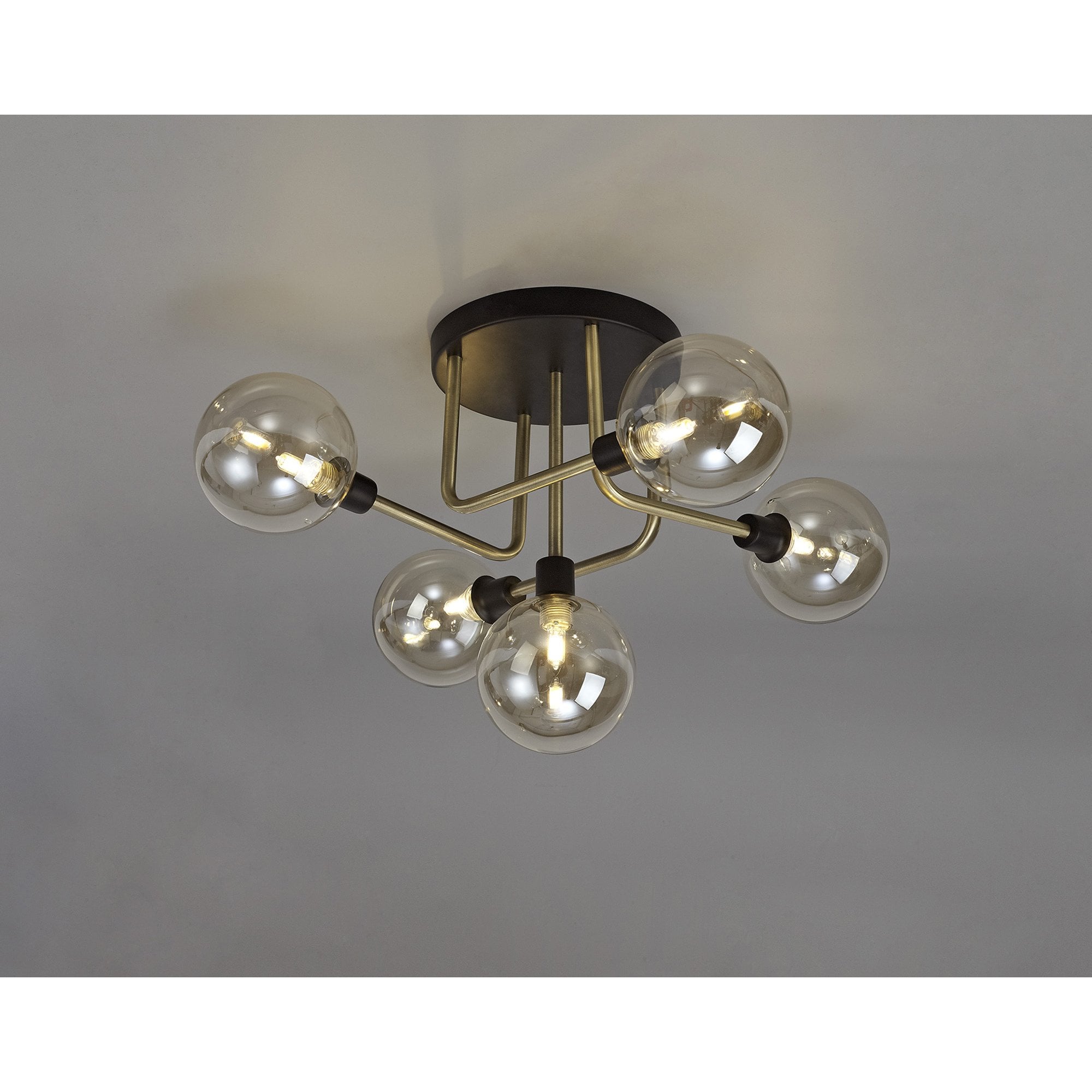 NL77309 Dublin Flush Ceiling 5 Light Matt Black/Antique Brass/Cognac Glass