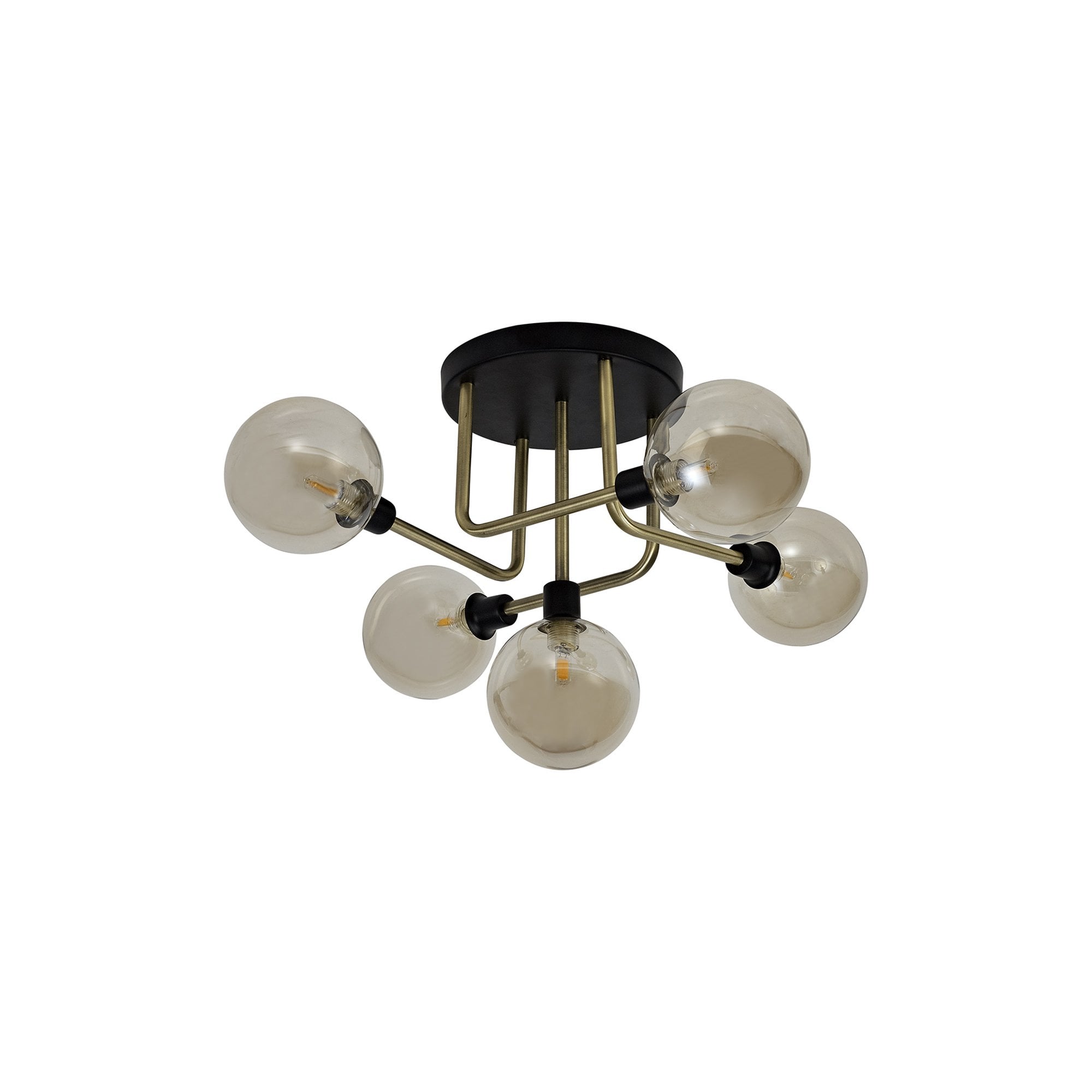NL77309 Dublin Flush Ceiling 5 Light Matt Black/Antique Brass/Cognac Glass