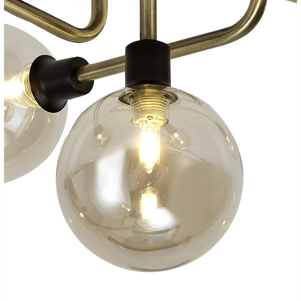 NL77309 Dublin Flush Ceiling 5 Light Matt Black/Antique Brass/Cognac Glass