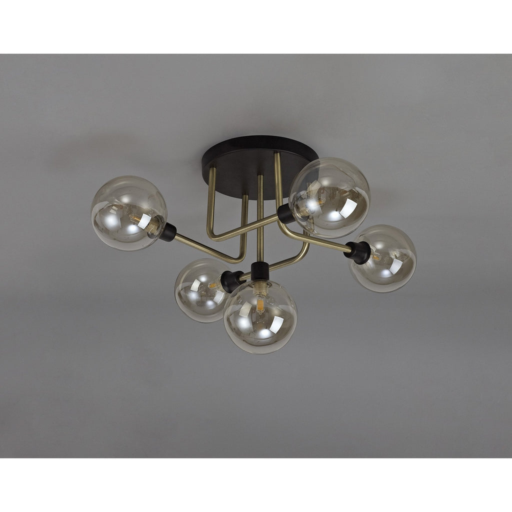 NL77309 Dublin Flush Ceiling 5 Light Matt Black/Antique Brass/Cognac Glass