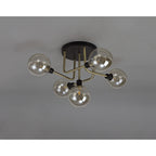 NL77309 Dublin Flush Ceiling 5 Light Matt Black/Antique Brass/Cognac Glass