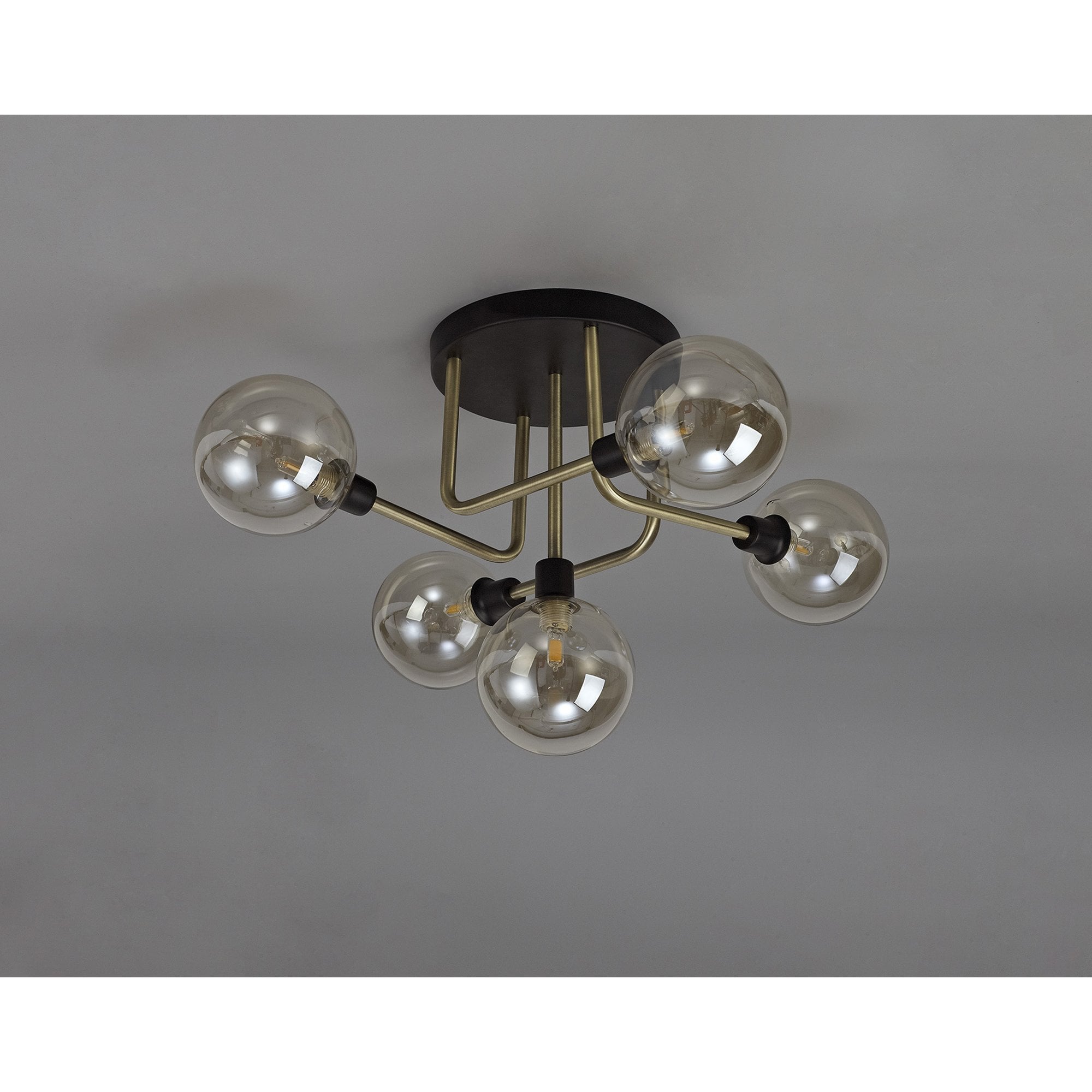 NL77309 Dublin Flush Ceiling 5 Light Matt Black/Antique Brass/Cognac Glass