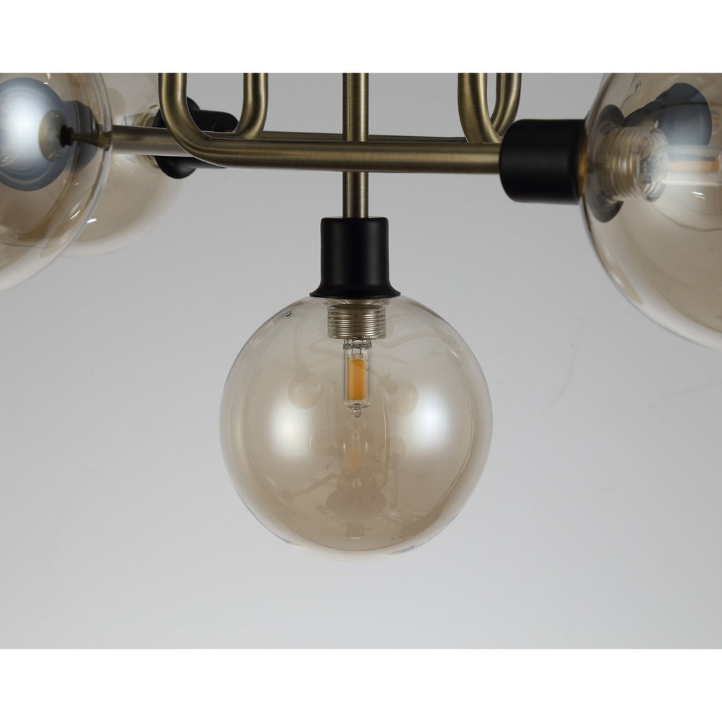 NL77309 Dublin Flush Ceiling 5 Light Matt Black/Antique Brass/Cognac Glass
