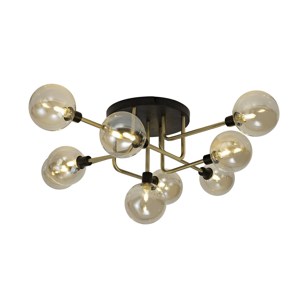 NL77319 Dublin Flush Ceiling 9 Light Matt Black/Antique Brass/Cognac Glass