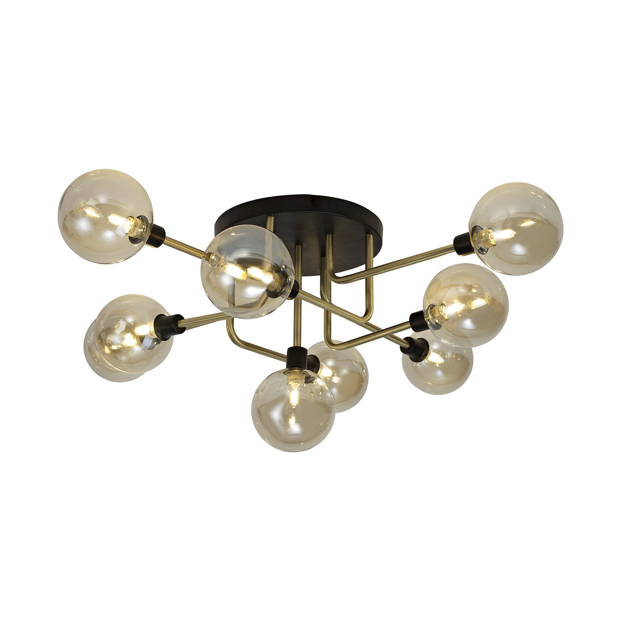 NL77319 Dublin Flush Ceiling 9 Light Matt Black/Antique Brass/Cognac Glass