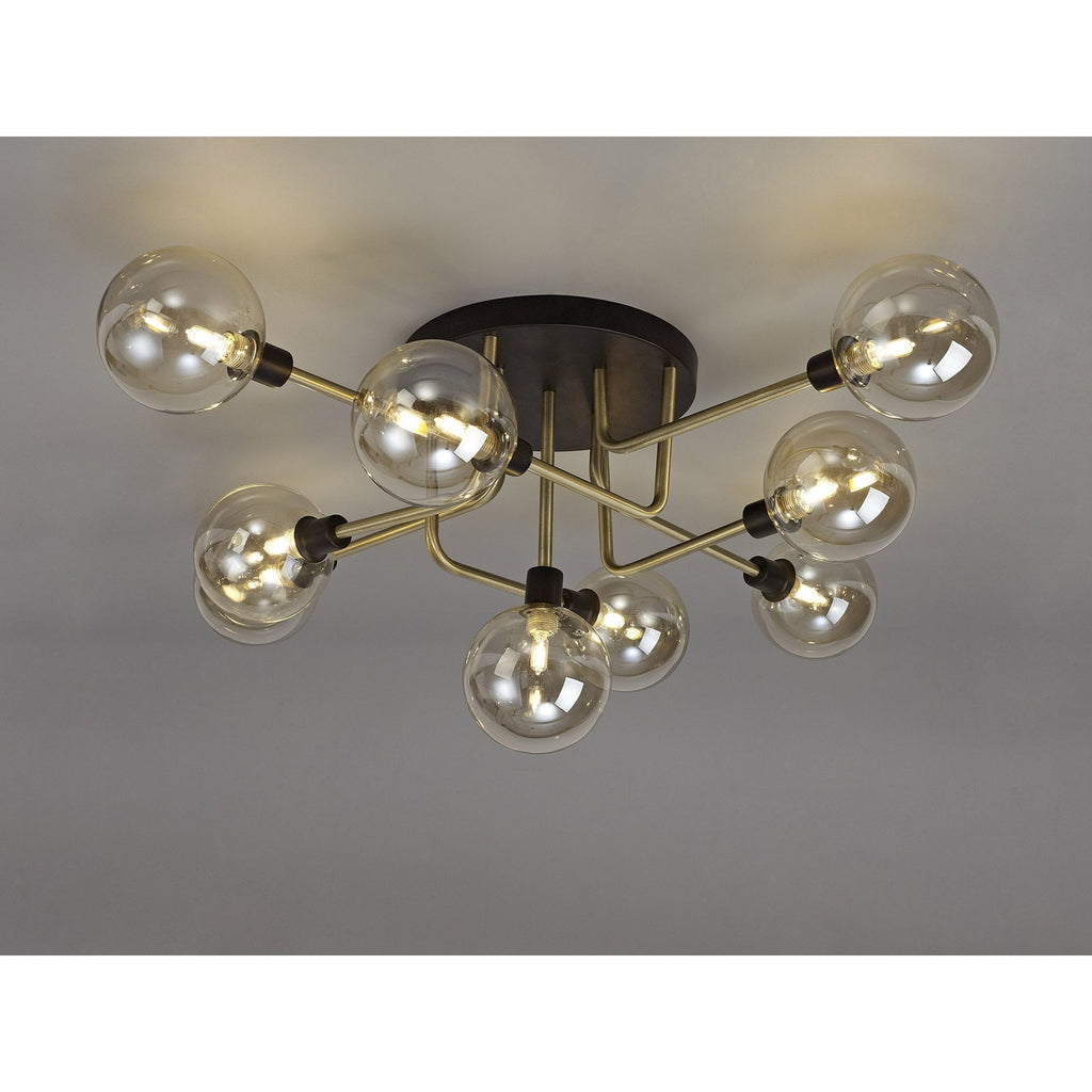 NL77319 Dublin Flush Ceiling 9 Light Matt Black/Antique Brass/Cognac Glass