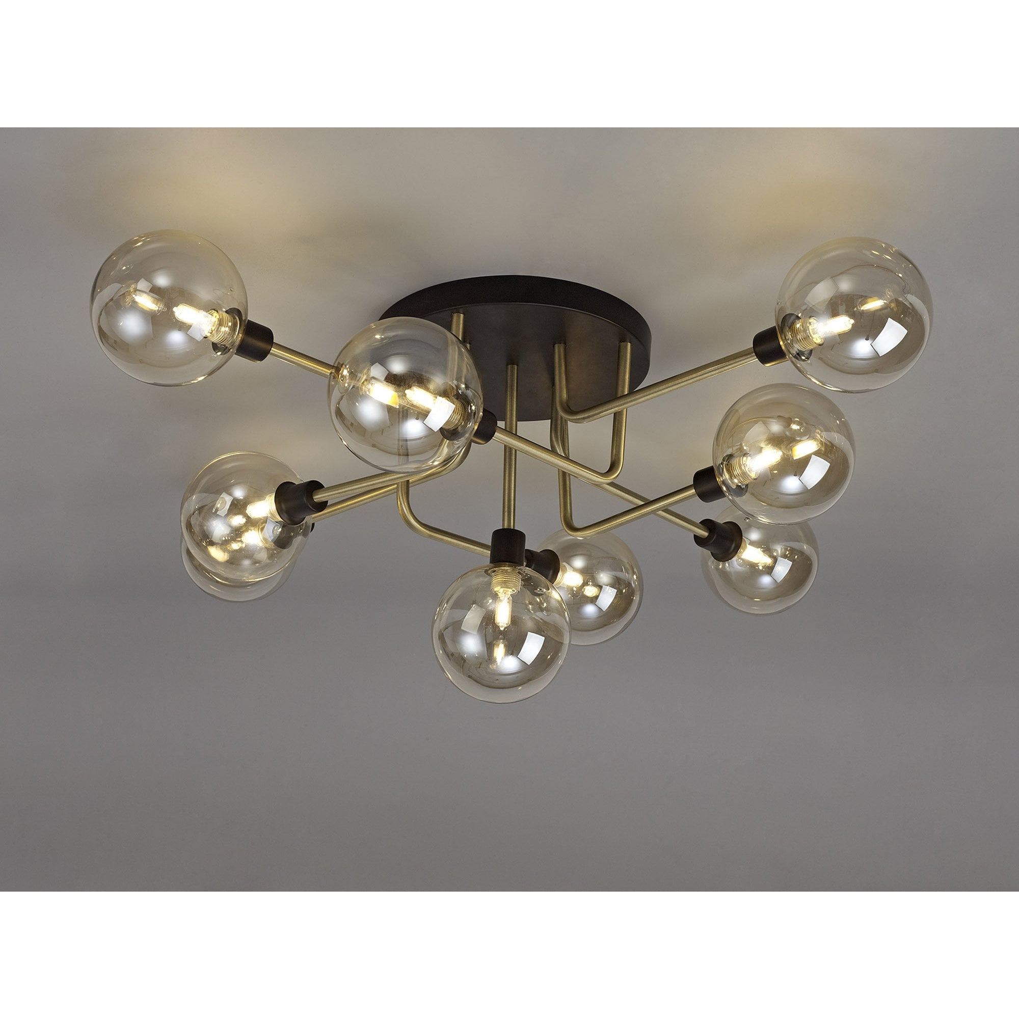 NL77319 Dublin Flush Ceiling 9 Light Matt Black/Antique Brass/Cognac Glass