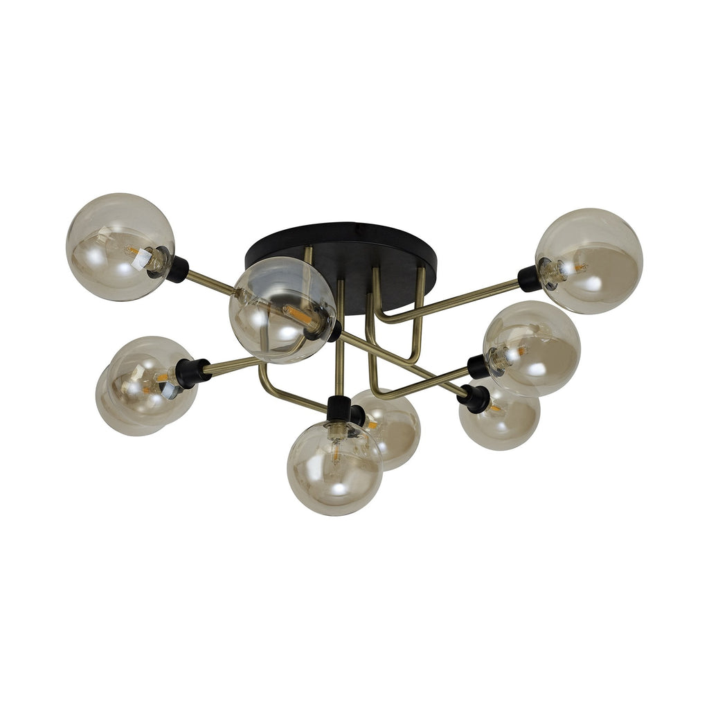 NL77319 Dublin Flush Ceiling 9 Light Matt Black/Antique Brass/Cognac Glass