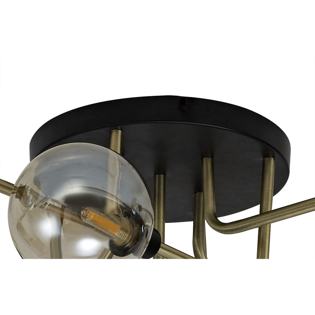 NL77319 Dublin Flush Ceiling 9 Light Matt Black/Antique Brass/Cognac Glass