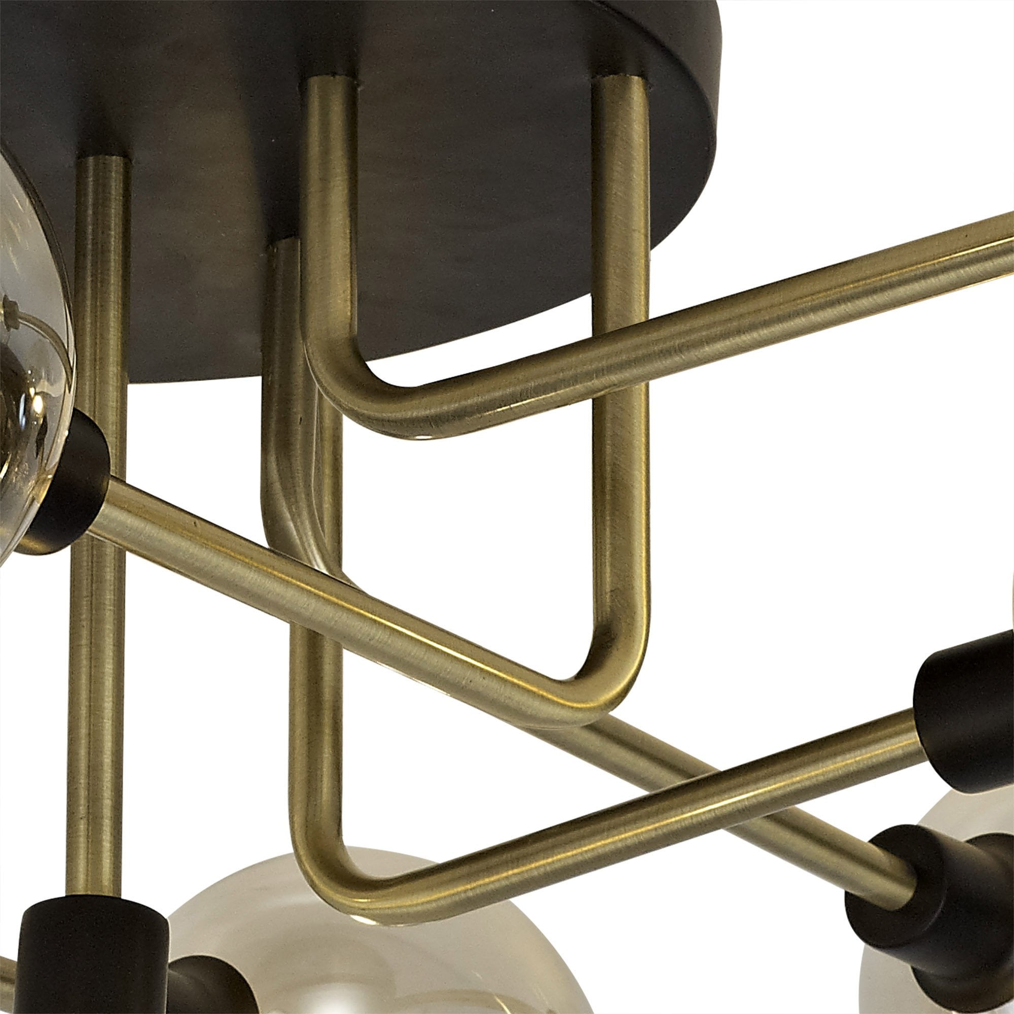 NL77319 Dublin Flush Ceiling 9 Light Matt Black/Antique Brass/Cognac Glass