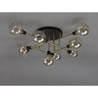 NL77319 Dublin Flush Ceiling 9 Light Matt Black/Antique Brass/Cognac Glass