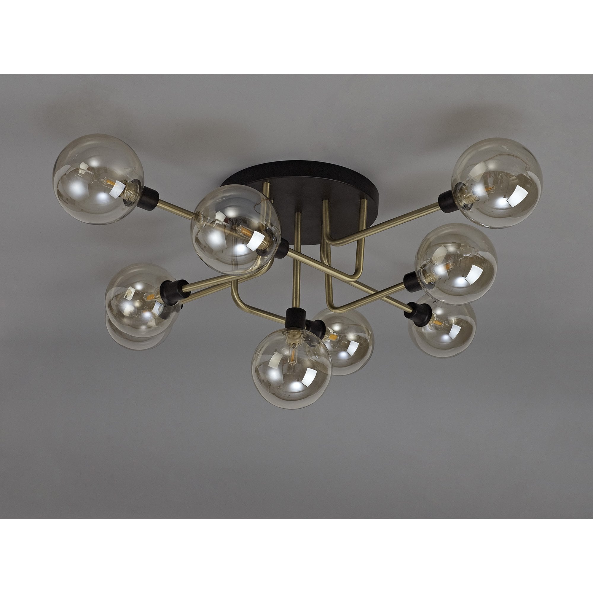NL77319 Dublin Flush Ceiling 9 Light Matt Black/Antique Brass/Cognac Glass