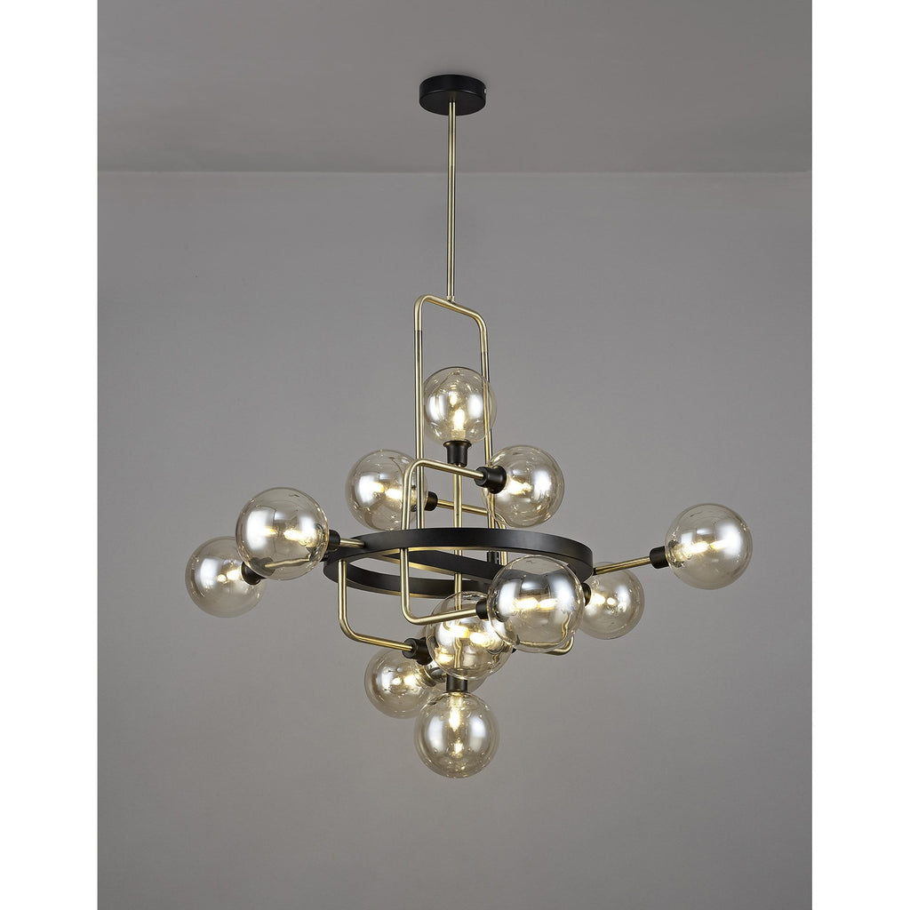 NL77329 Dublin Fixed Pendant 12 Light Matt Black/Antique Brass/Cognac Glass