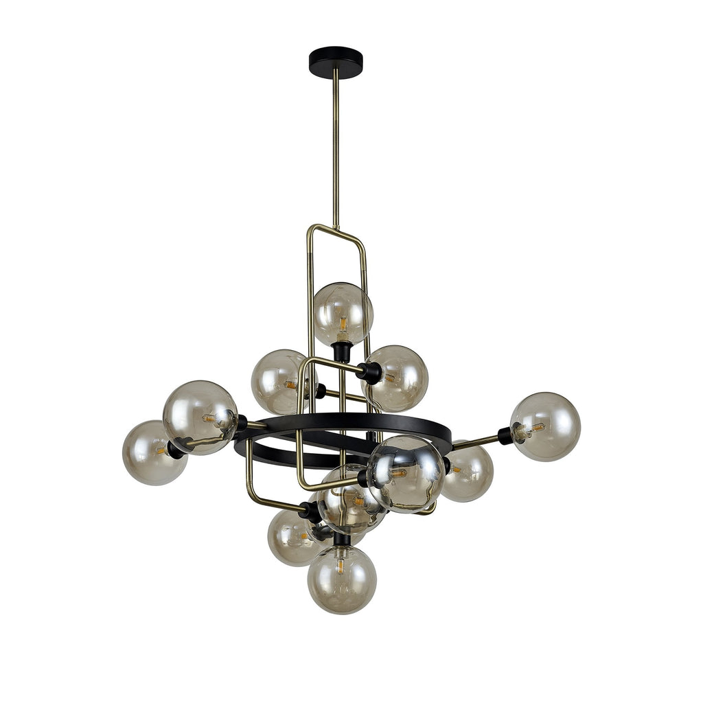 NL77329 Dublin Fixed Pendant 12 Light Matt Black/Antique Brass/Cognac Glass