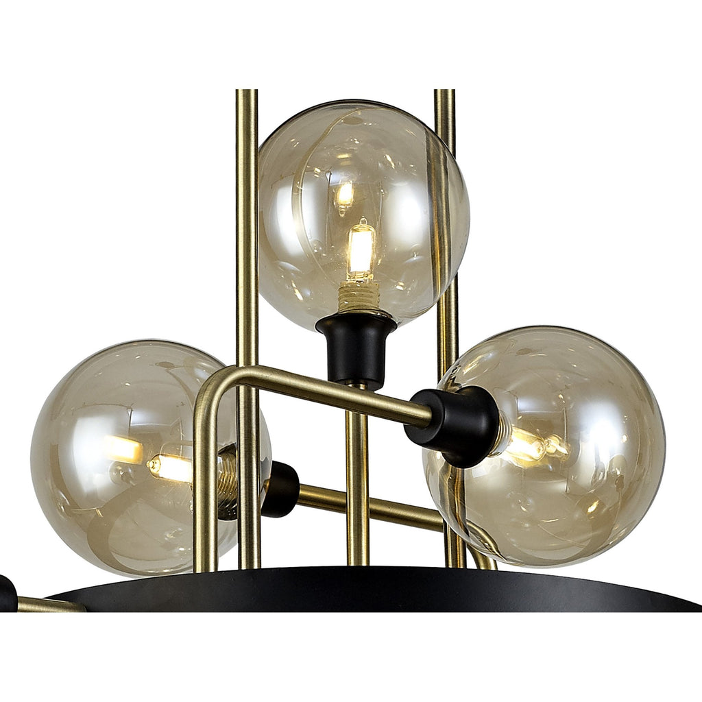 NL77329 Dublin Fixed Pendant 12 Light Matt Black/Antique Brass/Cognac Glass