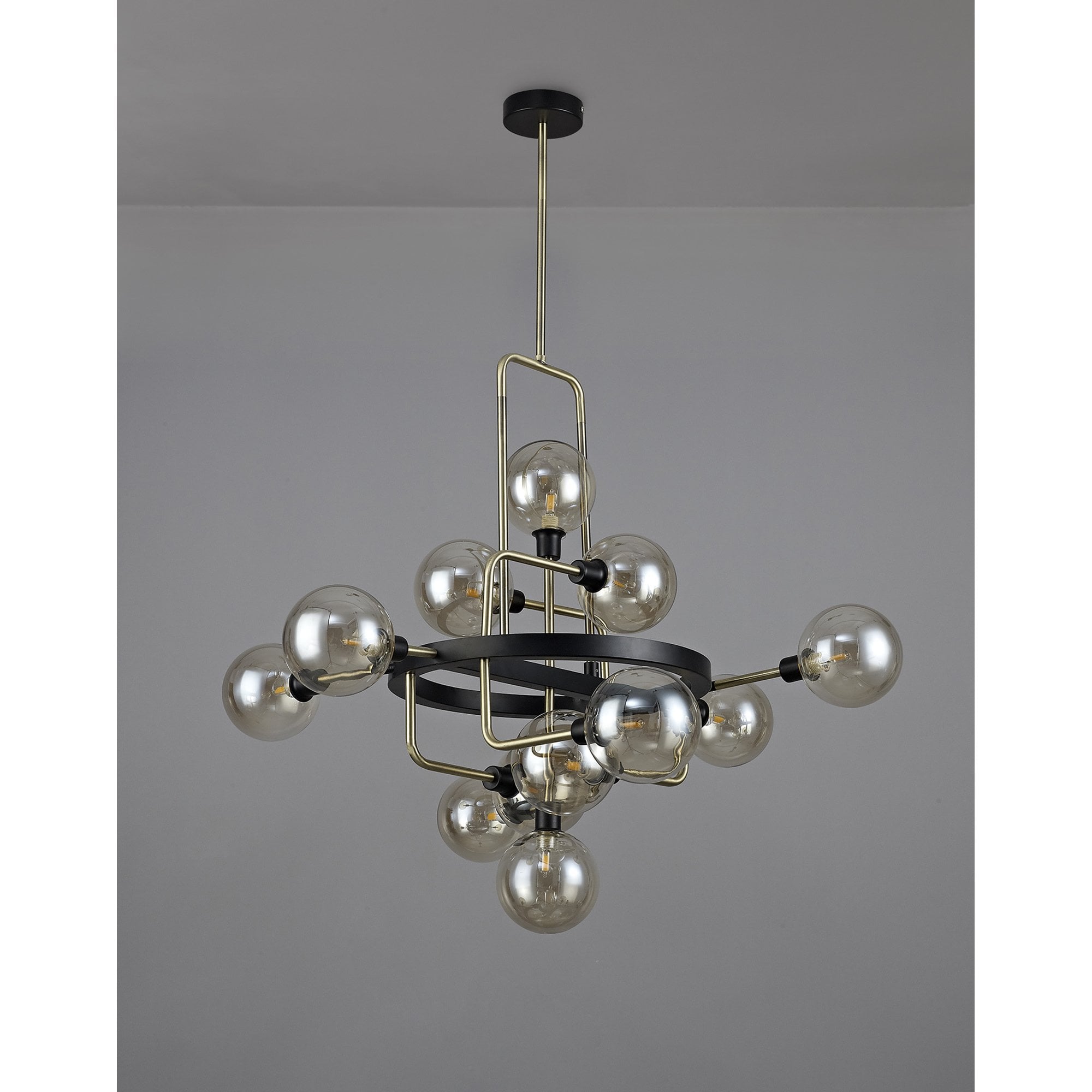 NL77329 Dublin Fixed Pendant 12 Light Matt Black/Antique Brass/Cognac Glass
