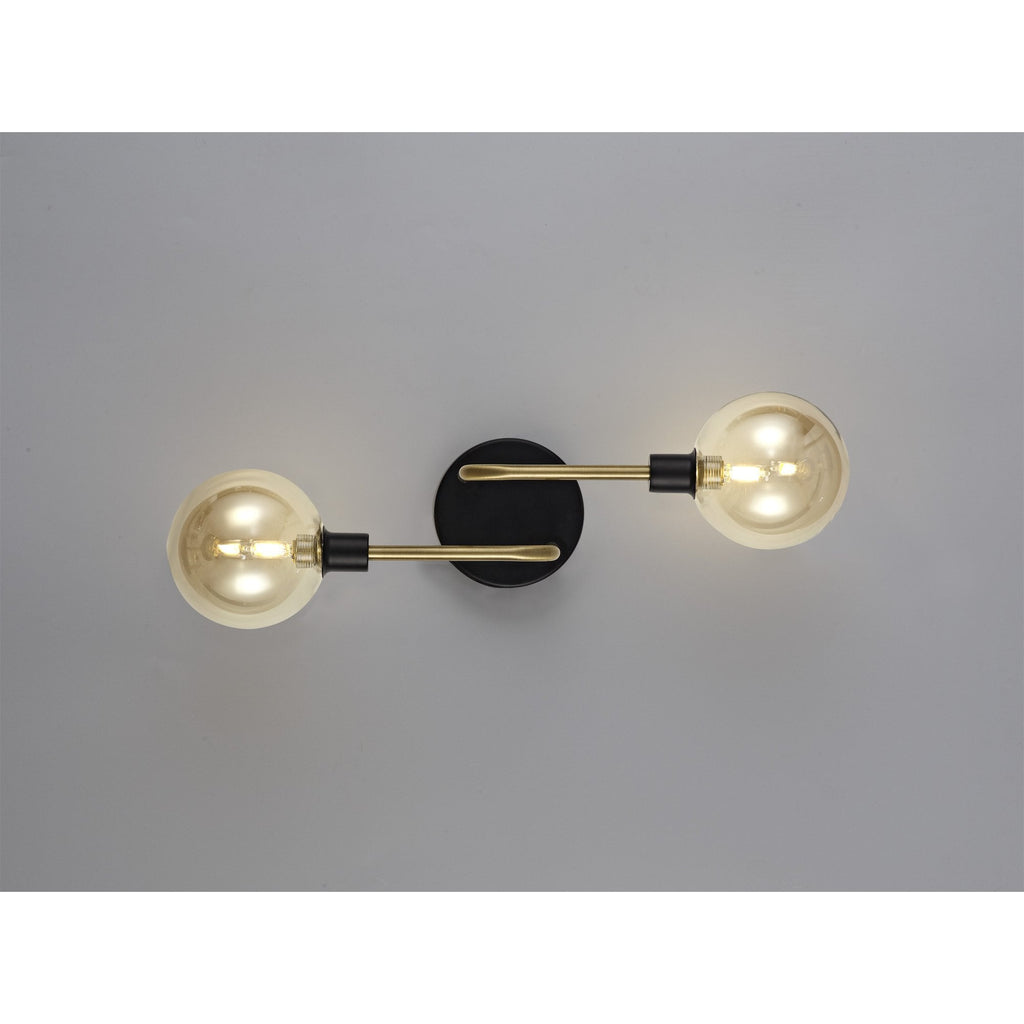 NL77339 Dublin Wall Lamp 2 Light Matt Black/Antique Brass/Cognac Glass