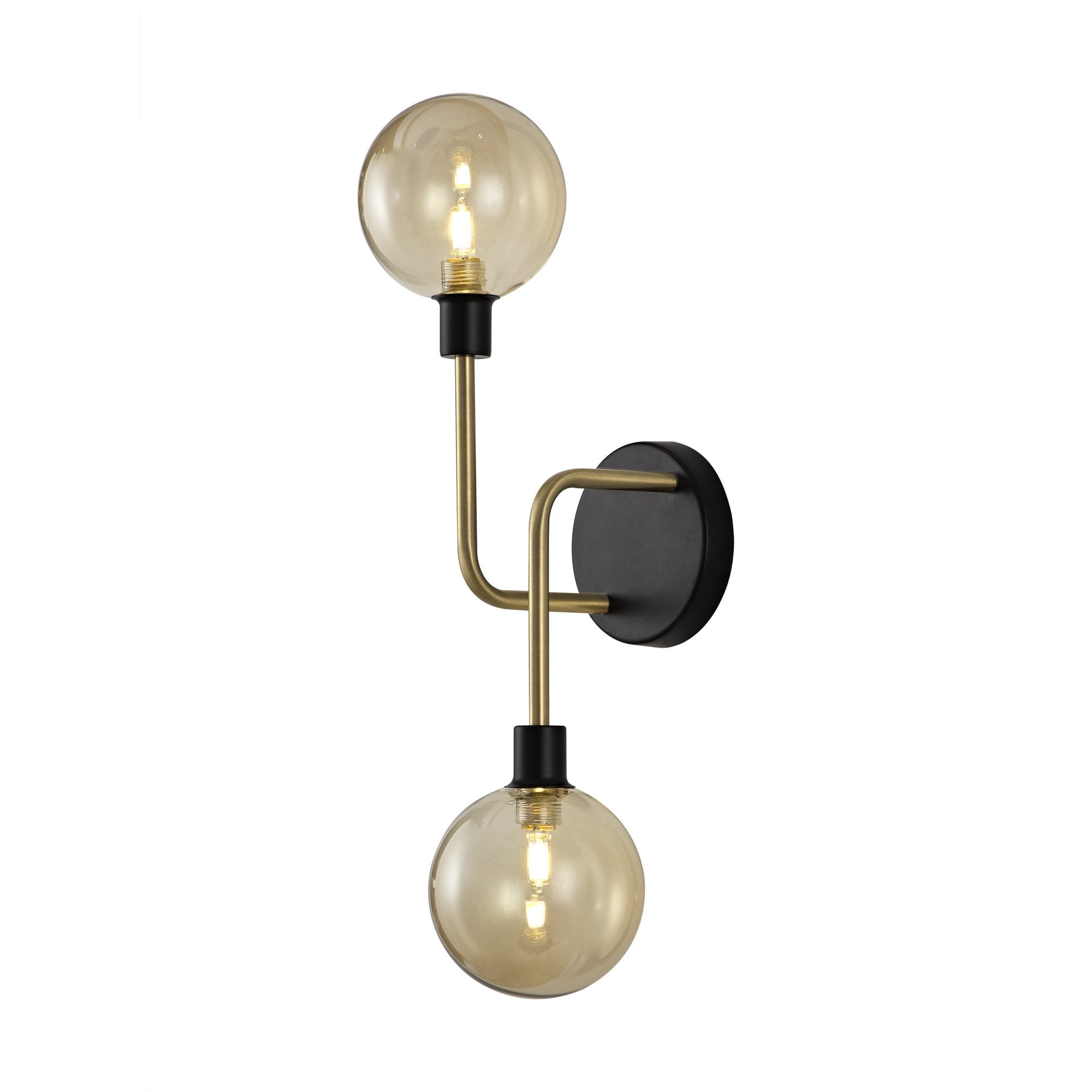 NL77339 Dublin Wall Lamp 2 Light Matt Black/Antique Brass/Cognac Glass
