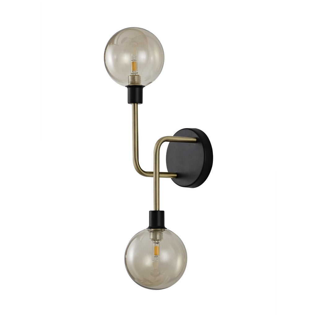 NL77339 Dublin Wall Lamp 2 Light Matt Black/Antique Brass/Cognac Glass