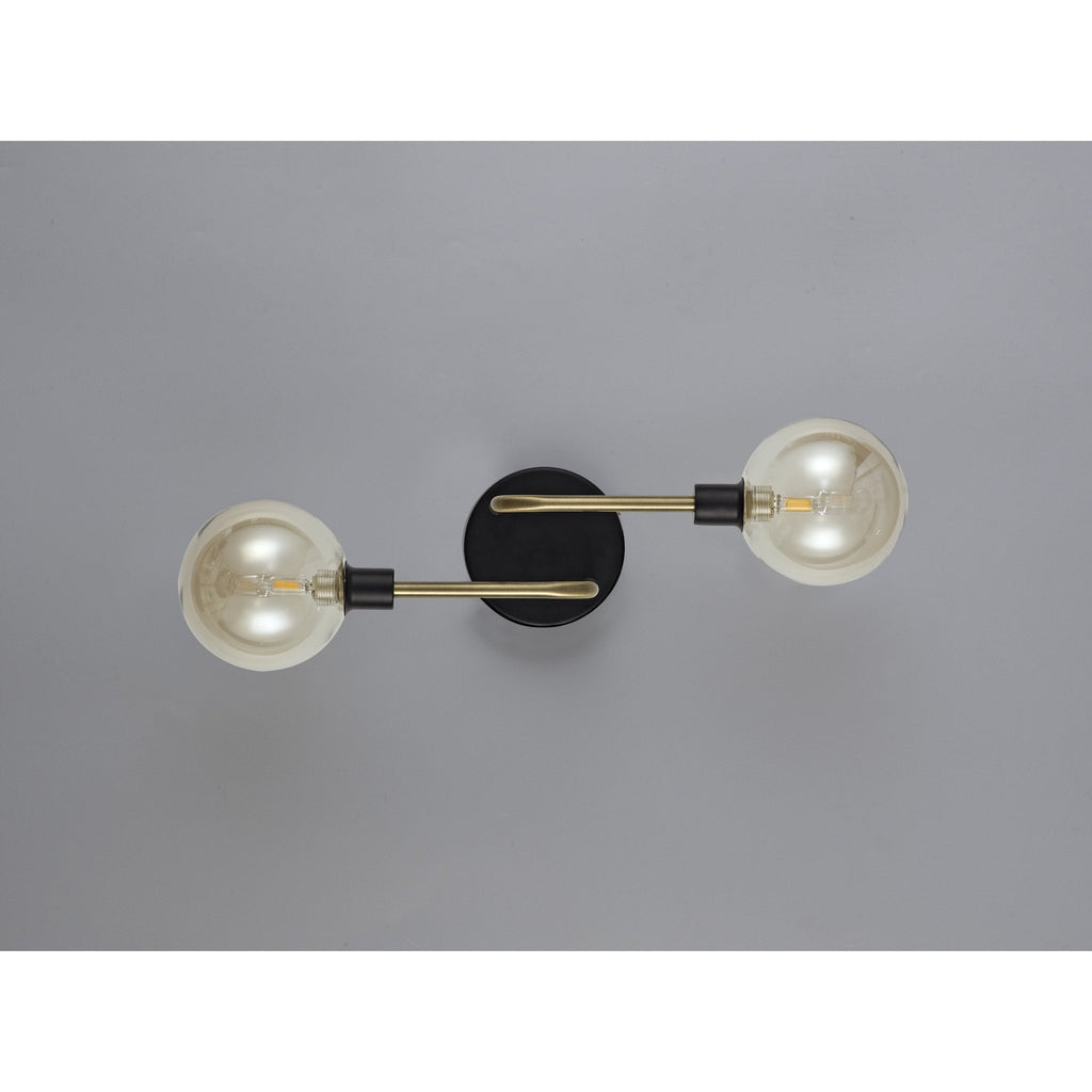 NL77339 Dublin Wall Lamp 2 Light Matt Black/Antique Brass/Cognac Glass