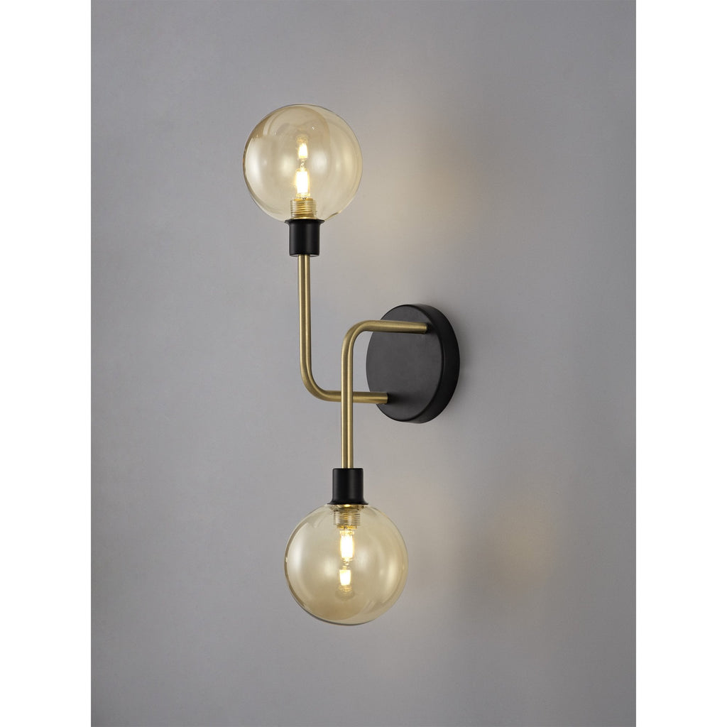 NL77339 Dublin Wall Lamp 2 Light Matt Black/Antique Brass/Cognac Glass