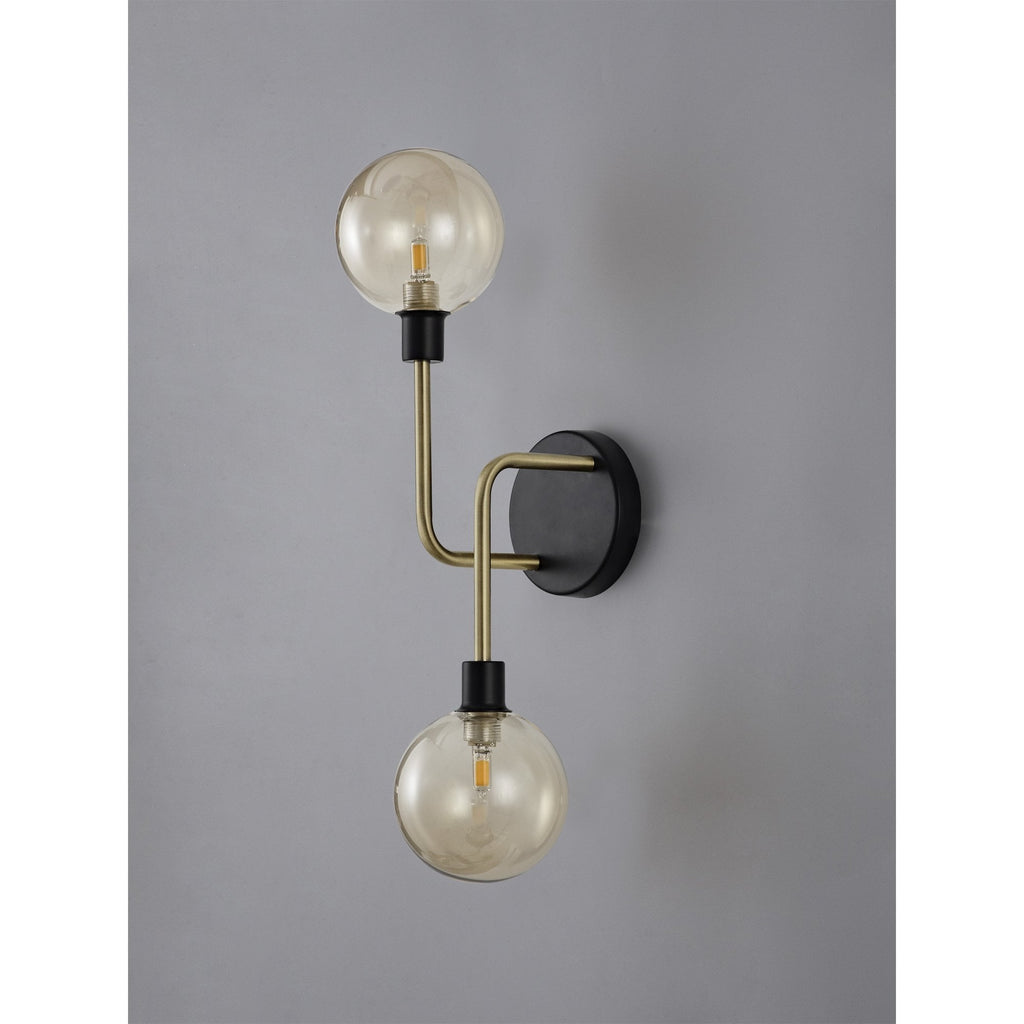 NL77339 Dublin Wall Lamp 2 Light Matt Black/Antique Brass/Cognac Glass