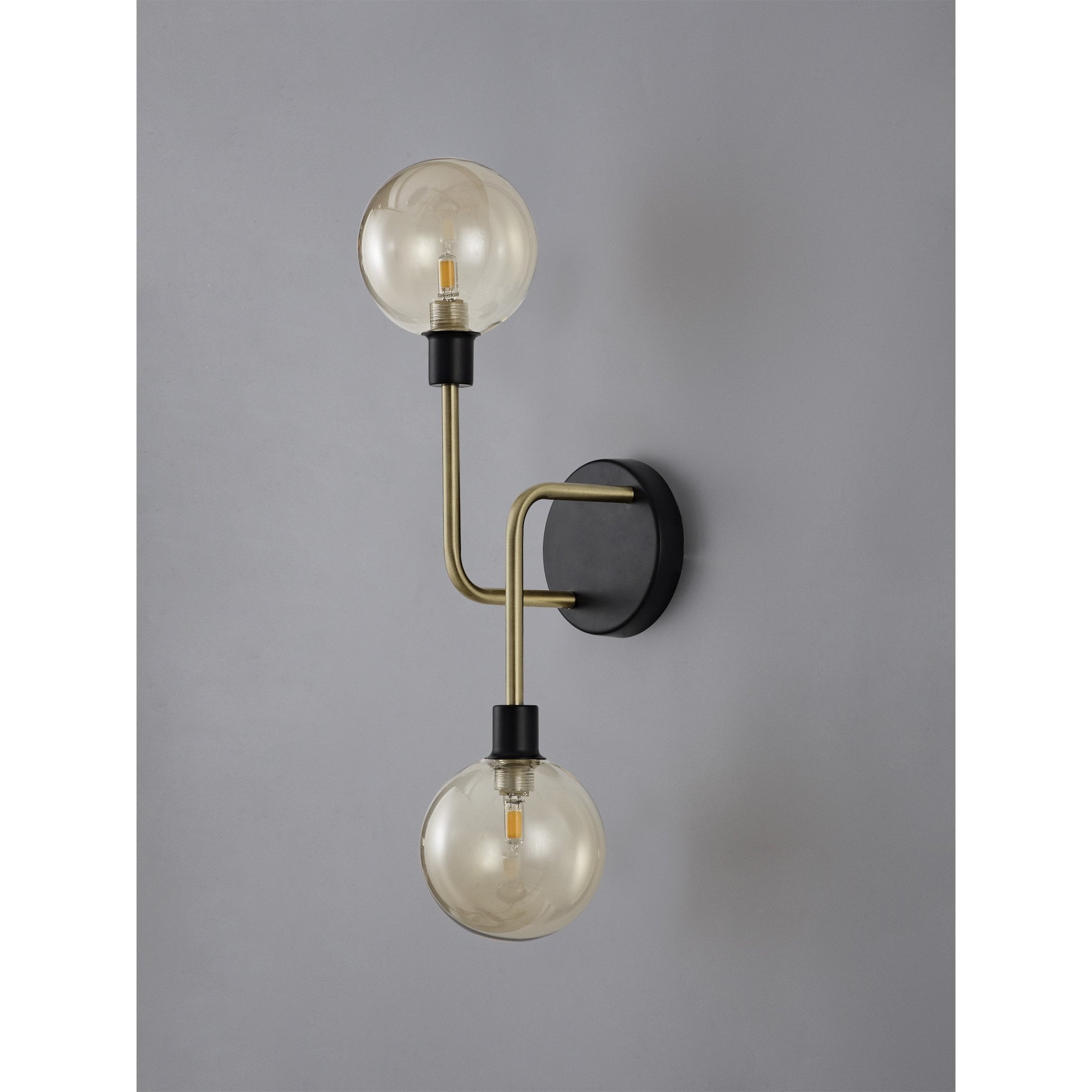 NL77339 Dublin Wall Lamp 2 Light Matt Black/Antique Brass/Cognac Glass