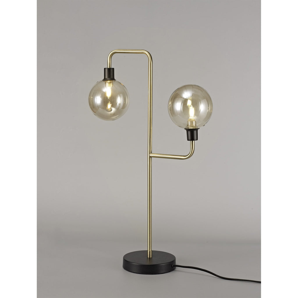 NL77349 Dublin Table Lamp 2 Light Matt Black/Antique Brass/Cognac Glass
