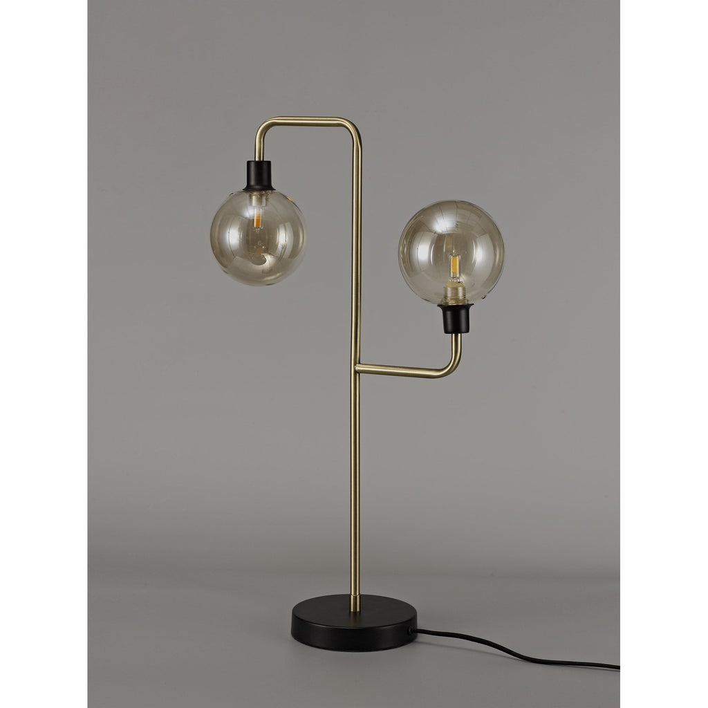 NL77349 Dublin Table Lamp 2 Light Matt Black/Antique Brass/Cognac Glass