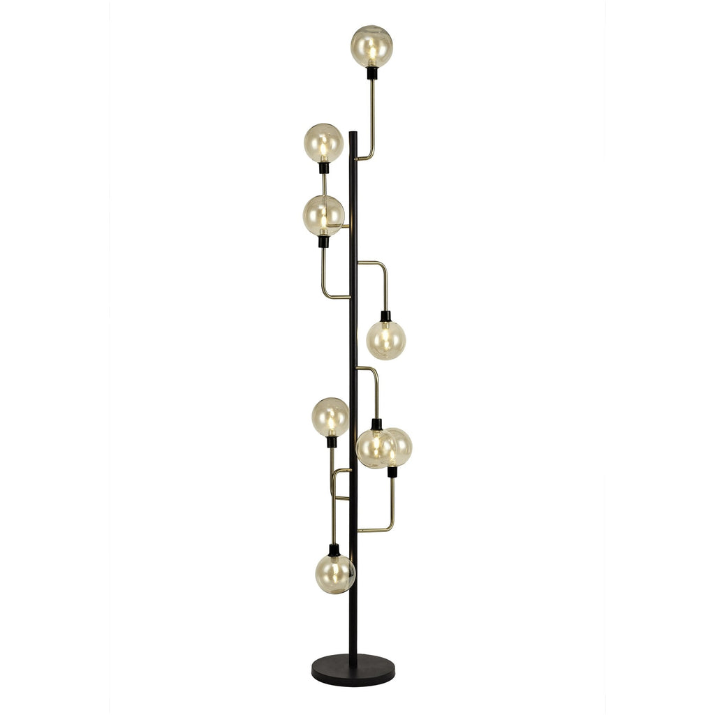 NL77359 Dublin Floor Lamp 8 Light Matt Black/Antique Brass/Cognac Glass