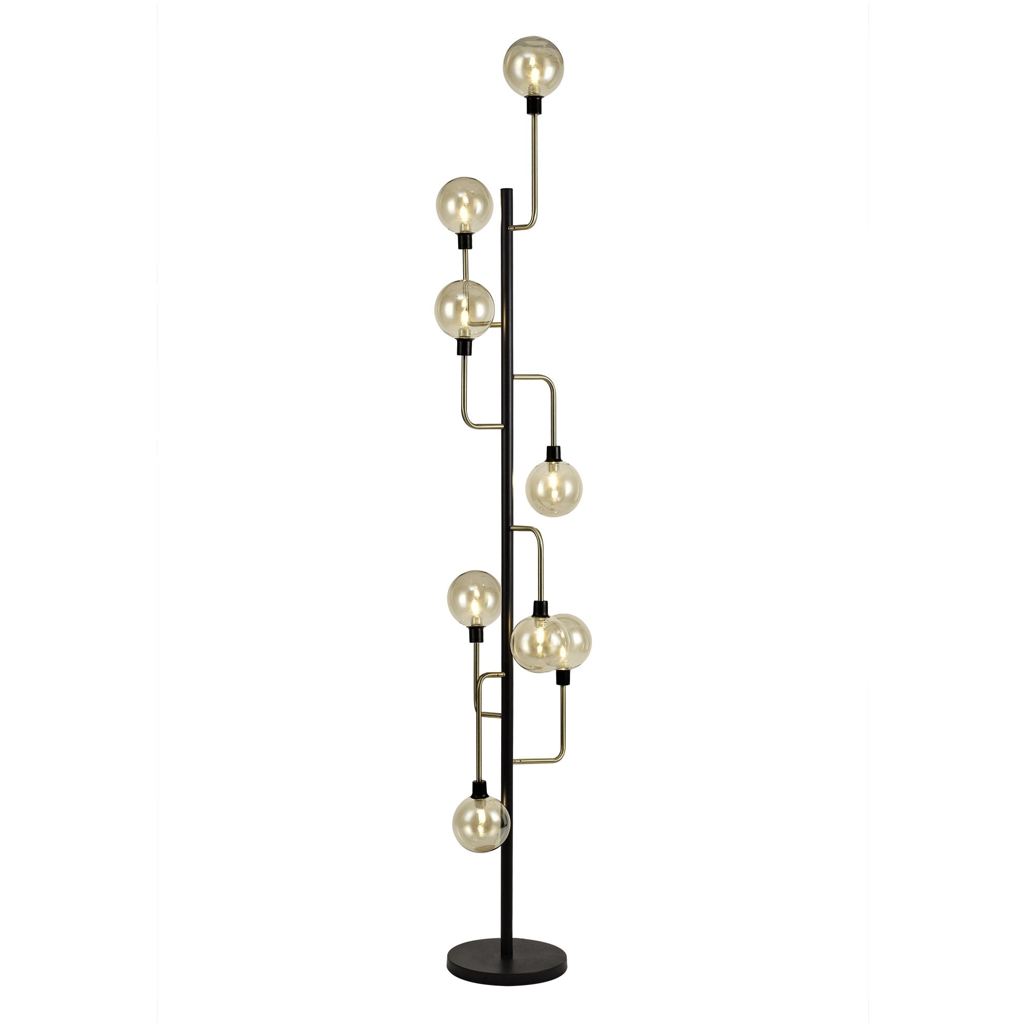 NL77359 Dublin Floor Lamp 8 Light Matt Black/Antique Brass/Cognac Glass