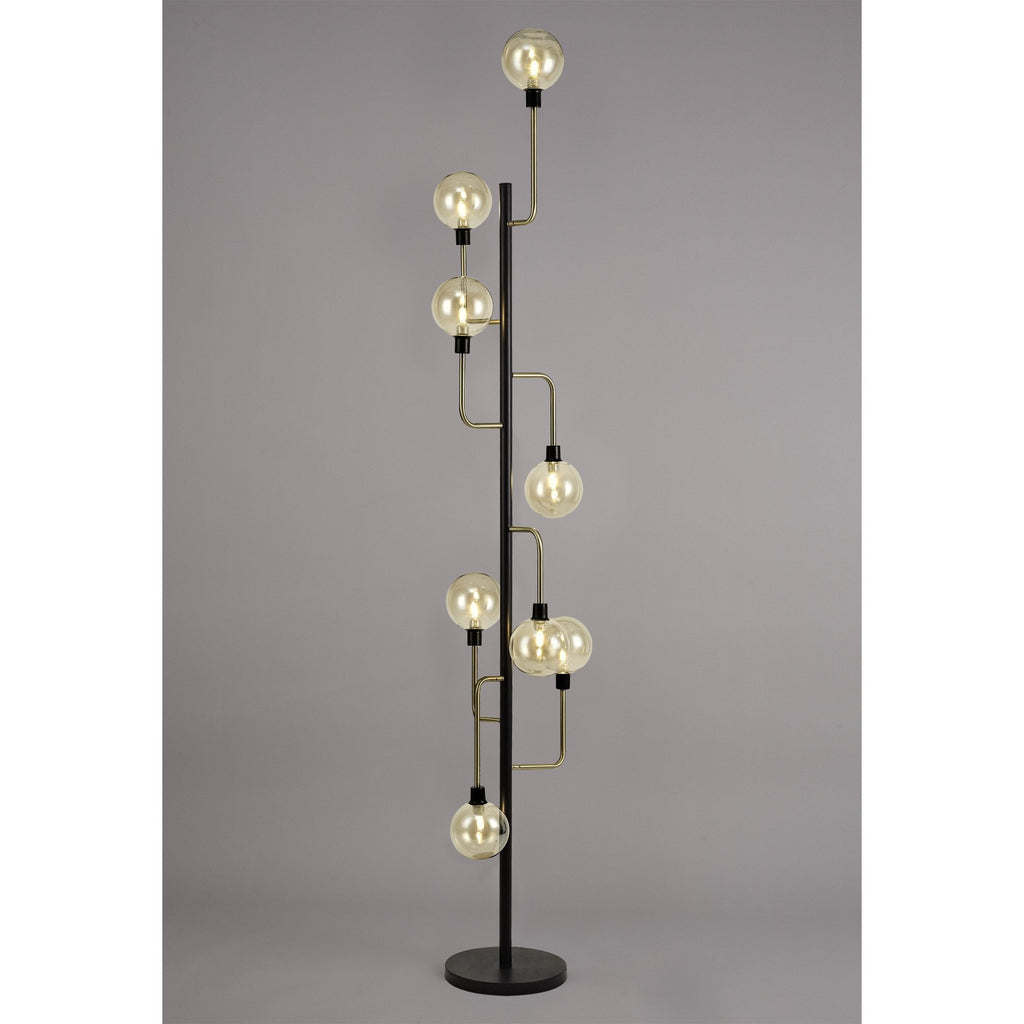 NL77359 Dublin Floor Lamp 8 Light Matt Black/Antique Brass/Cognac Glass