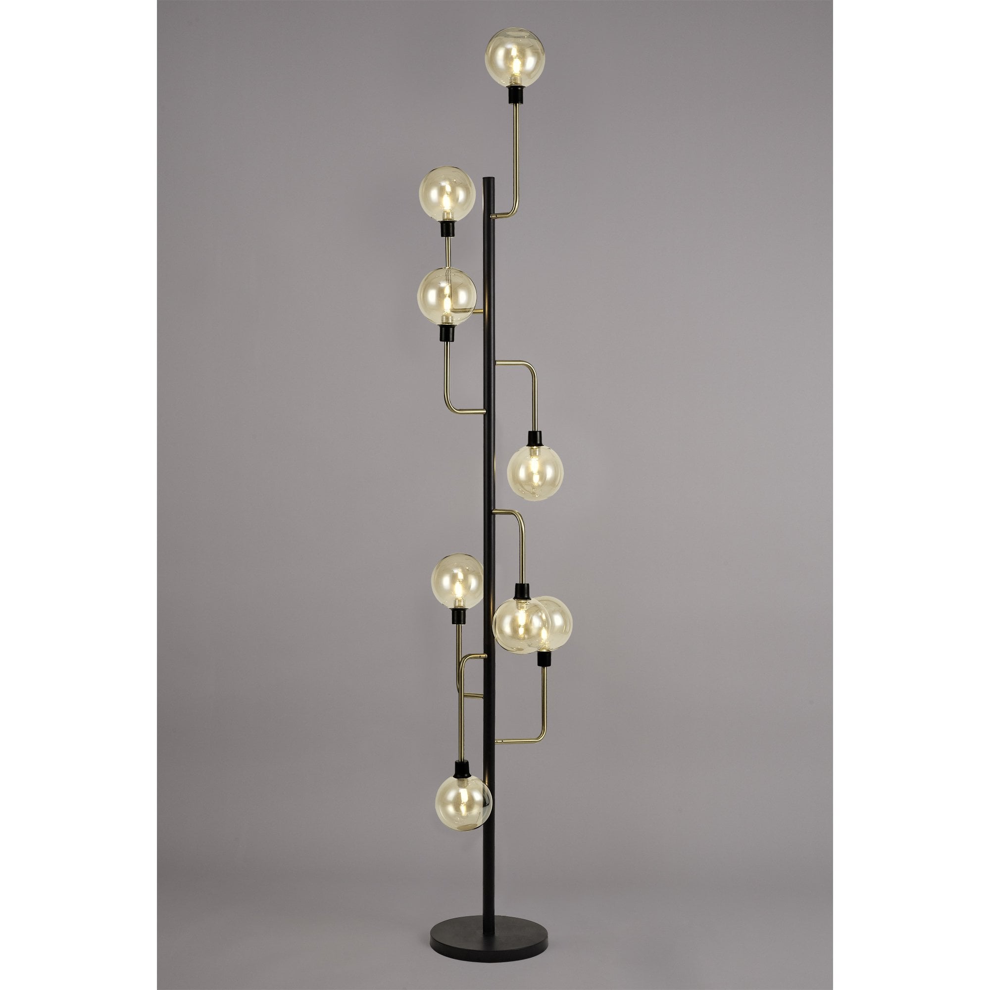 NL77359 Dublin Floor Lamp 8 Light Matt Black/Antique Brass/Cognac Glass