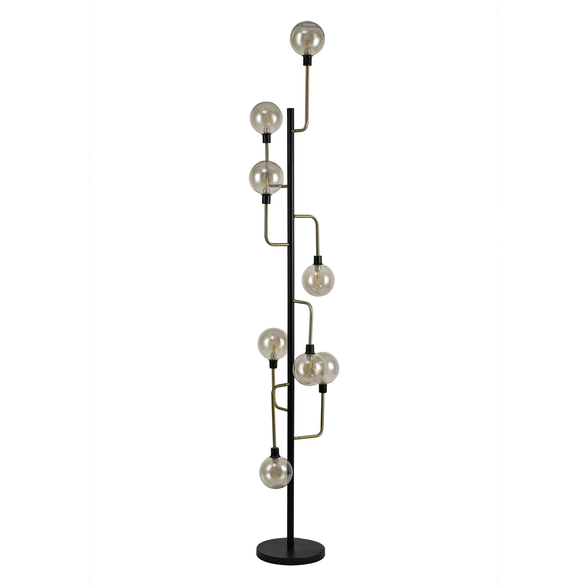 NL77359 Dublin Floor Lamp 8 Light Matt Black/Antique Brass/Cognac Glass