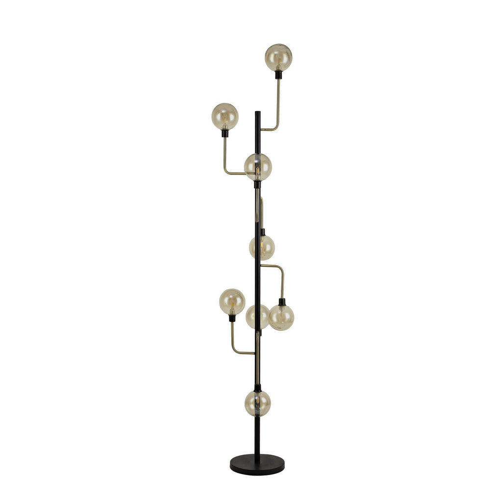 NL77359 Dublin Floor Lamp 8 Light Matt Black/Antique Brass/Cognac Glass