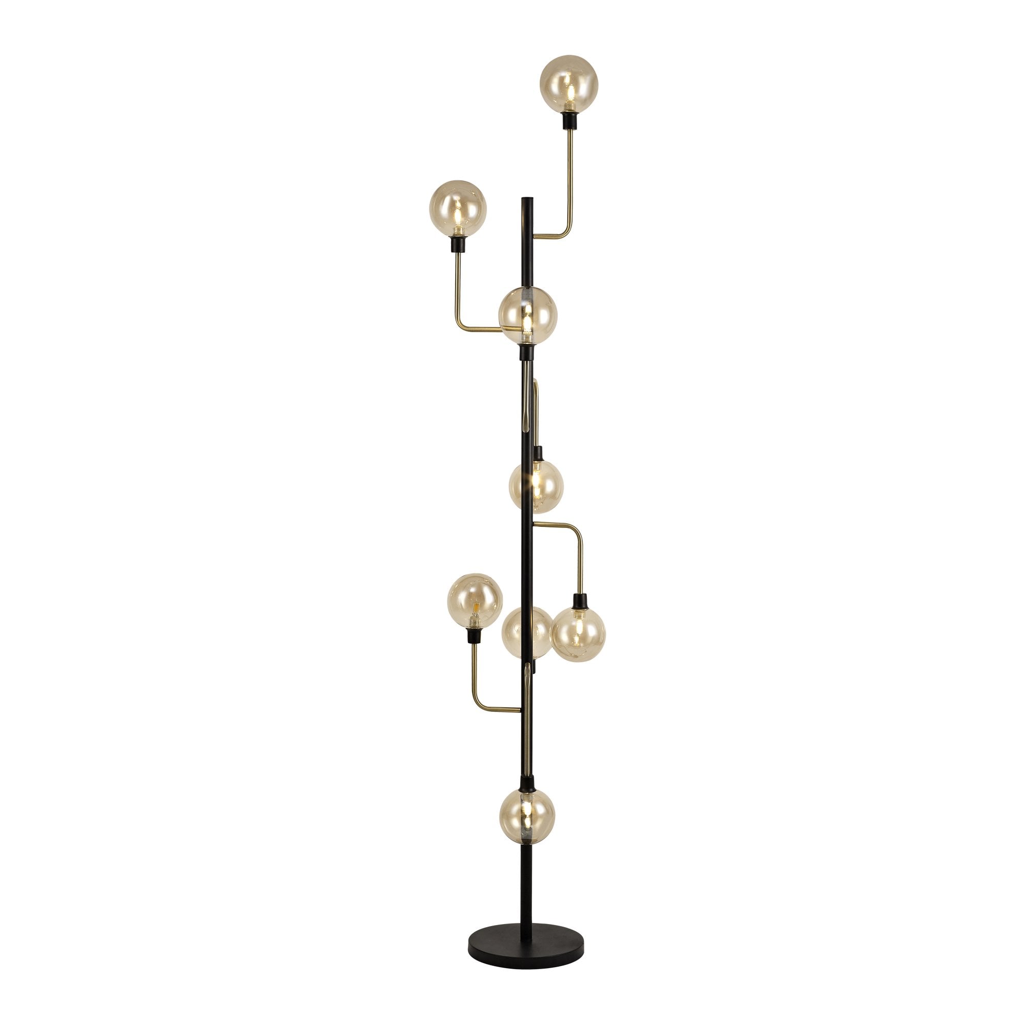 NL77359 Dublin Floor Lamp 8 Light Matt Black/Antique Brass/Cognac Glass