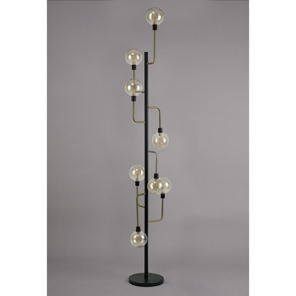 NL77359 Dublin Floor Lamp 8 Light Matt Black/Antique Brass/Cognac Glass